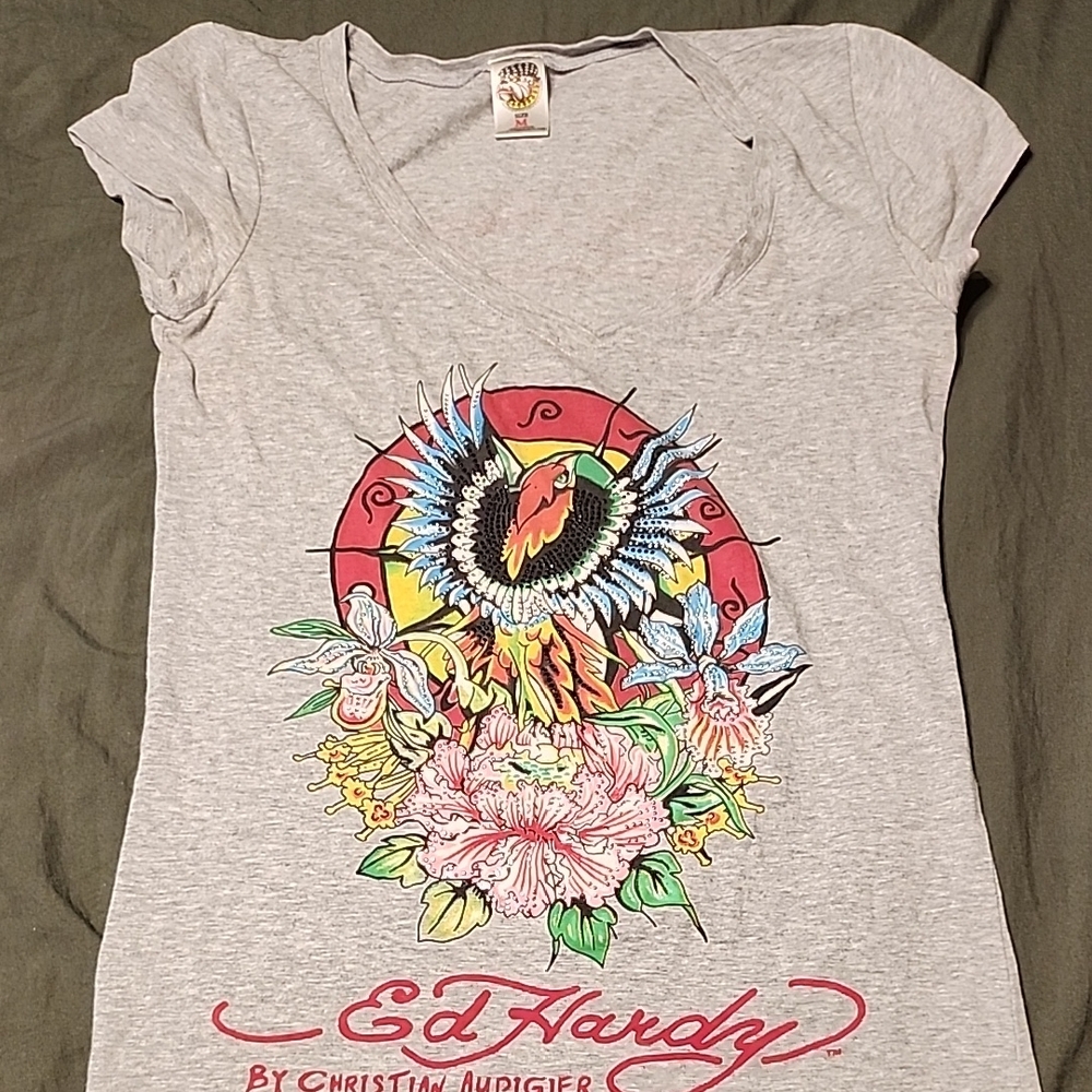 Ed Hardy Gray V-Neck Tee with Colorful Graphic